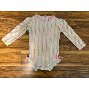 RuffleButts One-Piece Rashguard Swimsuit, Rainbow Stripes, Size 3T